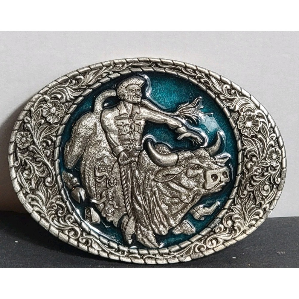 Vintage 1981 Belt Buckle Bucking Bull Rider Cowboy Rodeo Vintage Tortoise Inlay‎